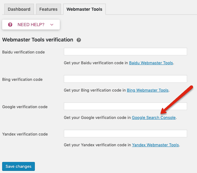 Where to input your Google verification code in the Yoast SEO dashboard.