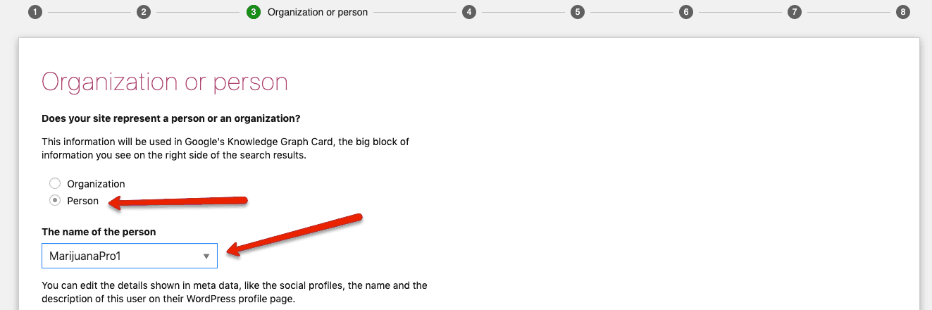 Tell Yoast SEO if your blog represents a person or an organization.