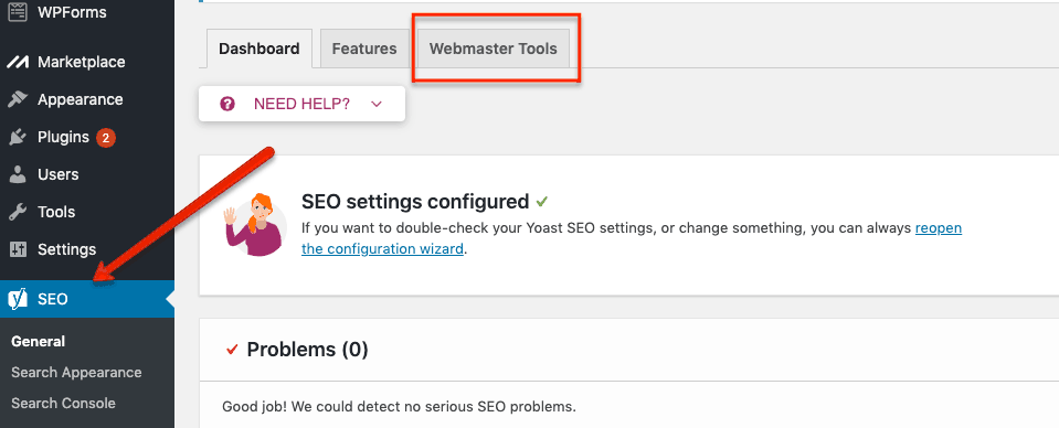 The Webmaster Tools tab location in Yoast SEO.