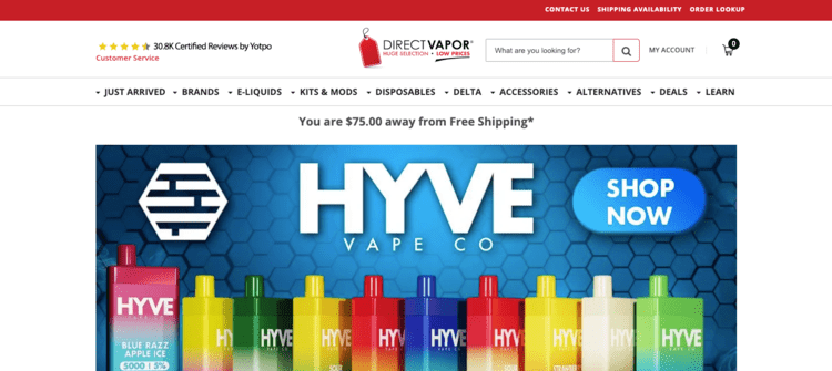The Direct Vapor homepage.