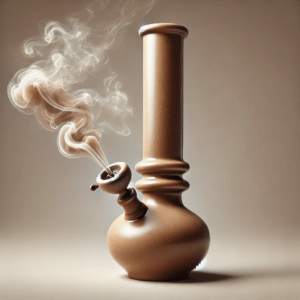 Smoke traveling through an earthy-toned ceramic bong, emphasizing the smooth filtration process.