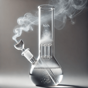 Smoke flowing through a transparent glass beaker bong, showing the filtration process from the bowl through the water chamber.