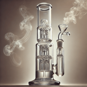 Smoke filtering through a percolator bong with multiple chambers, showcasing enhanced filtration and smooth smoke flow.