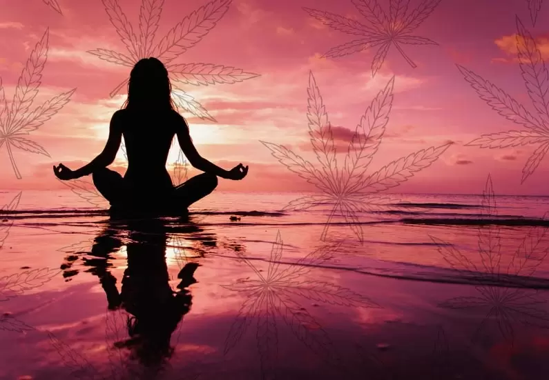 Cannabis-Enhanced Sunset Meditation by the Sea. Woman meditating at sunset with cannabis leaf overlay representing marijuana-enhanced mindfulness.