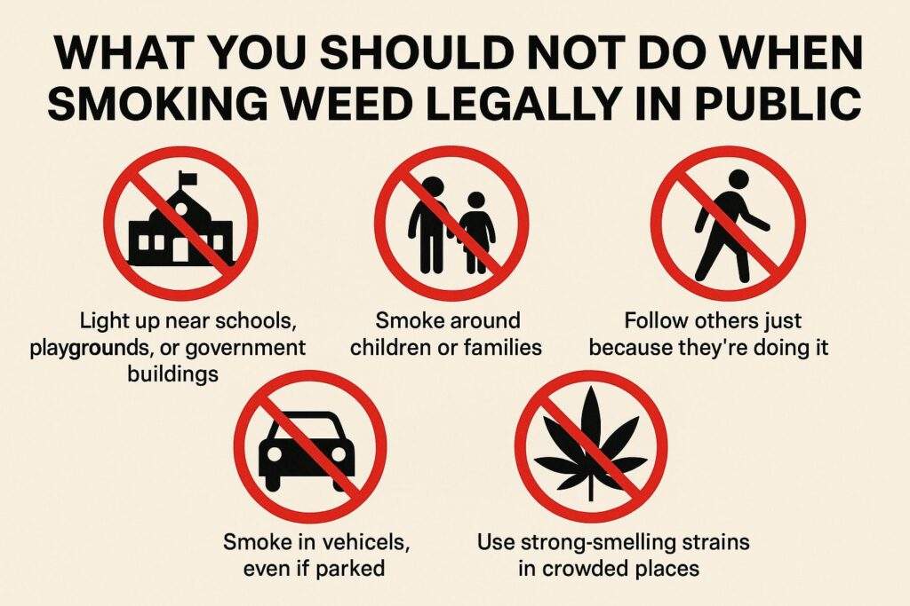 Public Cannabis Use: Key Mistakes to Avoid. Infographic showing rules on what not to do when smoking weed legally in public.